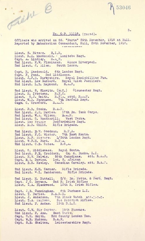Prisoner of War Repatriation list, November 29, 1918